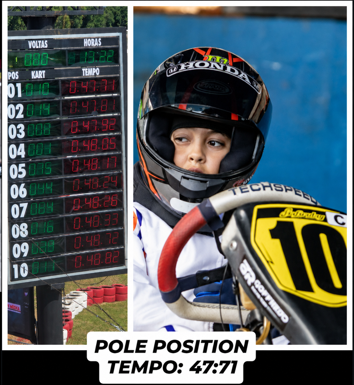 Ben Leite no kart número 10 ao lado do painel com o tempo da pole position