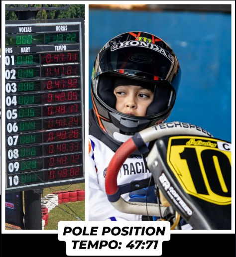 Ben Leite no kart número 10 ao lado do painel de tempos da pole position